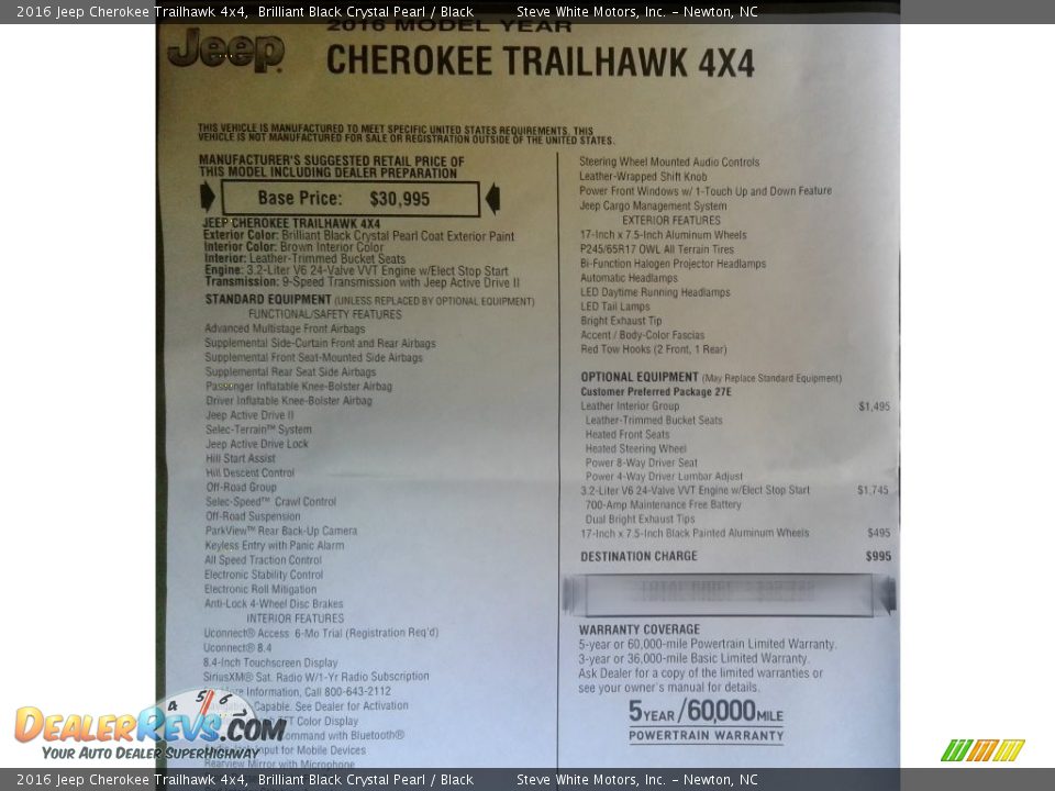 2016 Jeep Cherokee Trailhawk 4x4 Brilliant Black Crystal Pearl / Black Photo #36