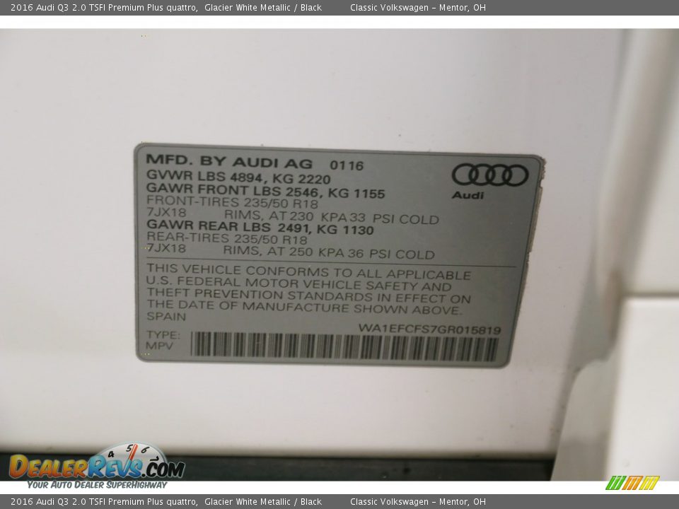 2016 Audi Q3 2.0 TSFI Premium Plus quattro Glacier White Metallic / Black Photo #25