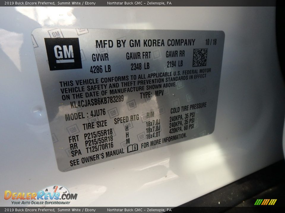 2019 Buick Encore Preferred Summit White / Ebony Photo #16
