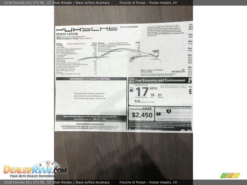 2018 Porsche 911 GT2 RS Window Sticker Photo #29