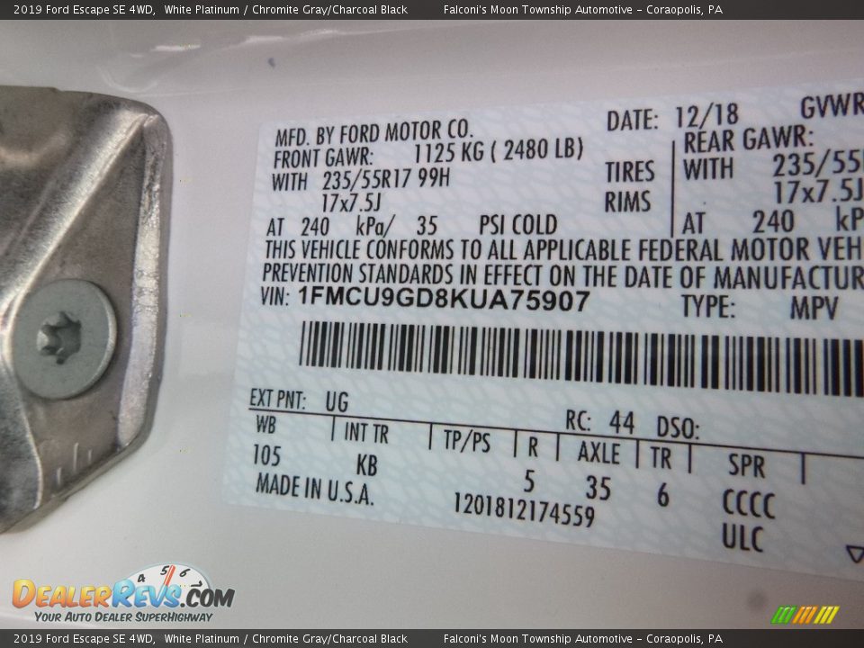 2019 Ford Escape SE 4WD White Platinum / Chromite Gray/Charcoal Black Photo #12