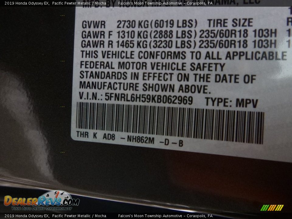 2019 Honda Odyssey EX Pacific Pewter Metallic / Mocha Photo #12