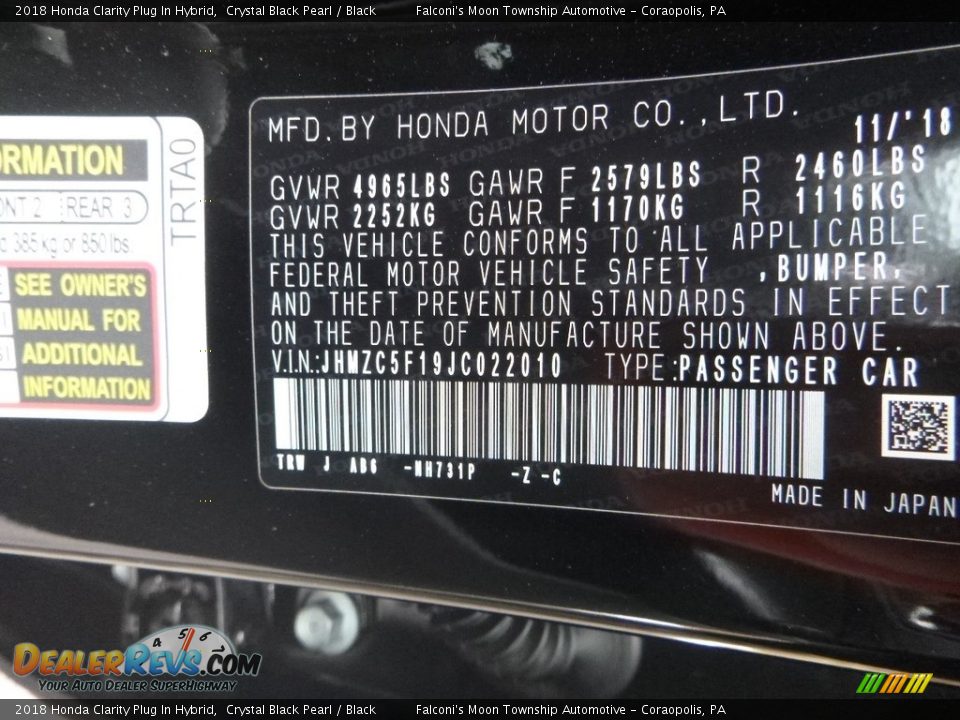 2018 Honda Clarity Plug In Hybrid Crystal Black Pearl / Black Photo #12