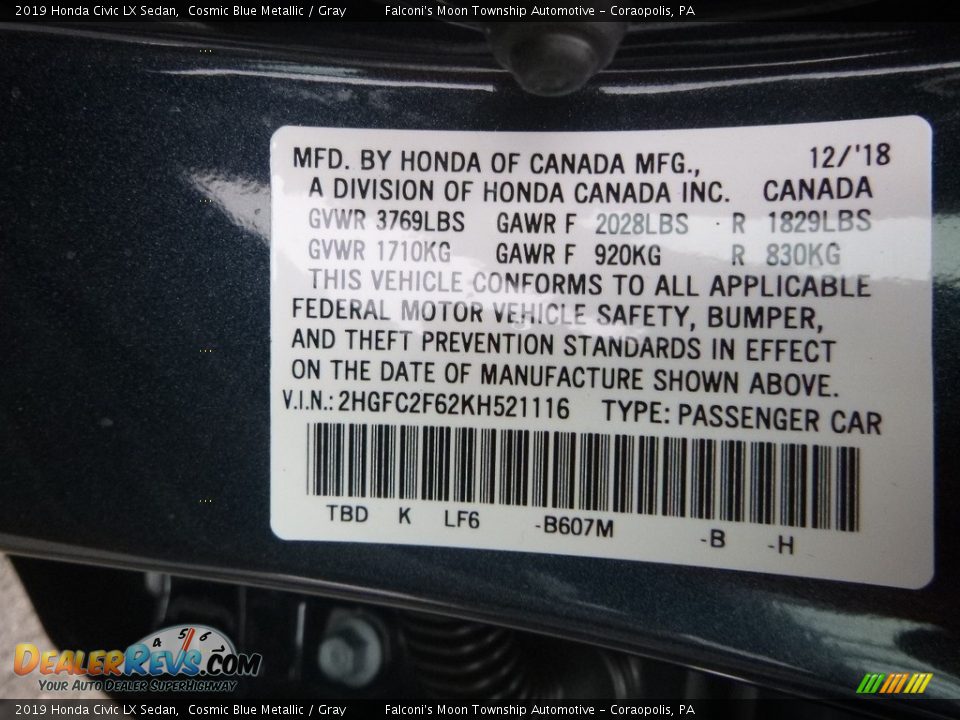 2019 Honda Civic LX Sedan Cosmic Blue Metallic / Gray Photo #13