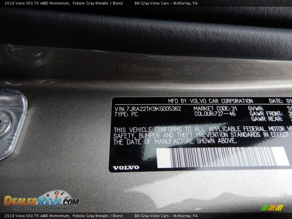 2019 Volvo S60 T6 AWD Momentum Pebble Gray Metallic / Blond Photo #11