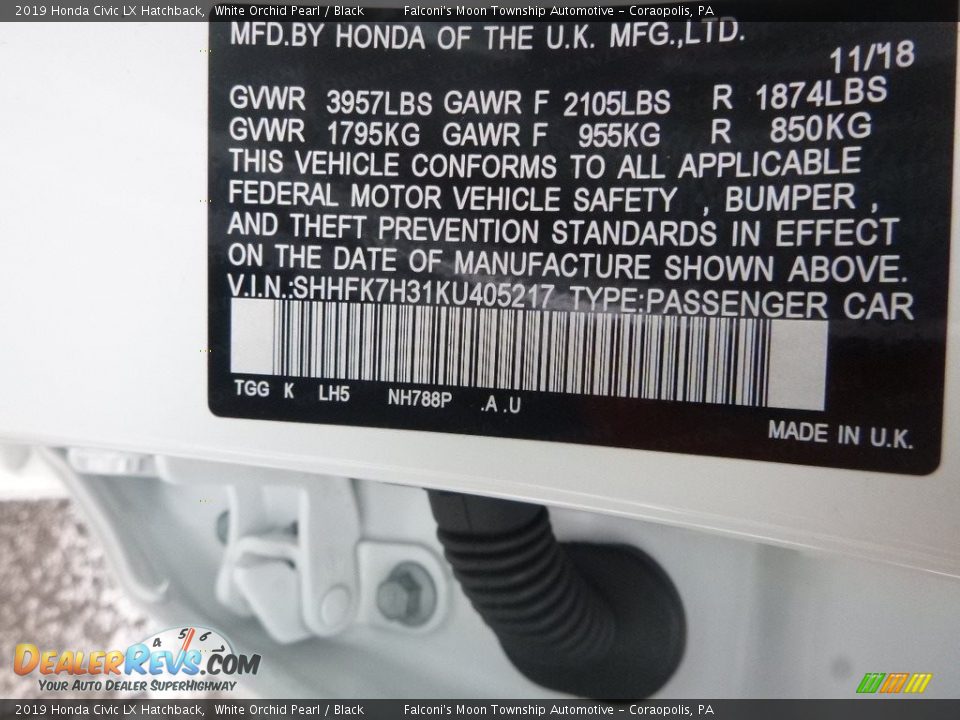 2019 Honda Civic LX Hatchback White Orchid Pearl / Black Photo #13