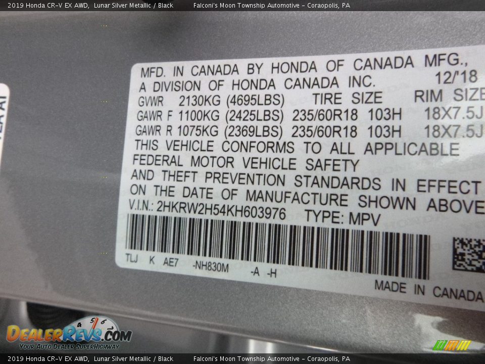 2019 Honda CR-V EX AWD Lunar Silver Metallic / Black Photo #12