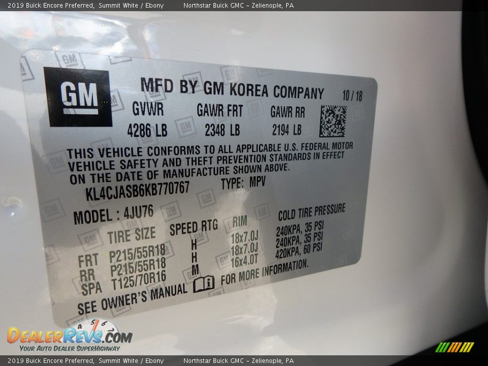 2019 Buick Encore Preferred Summit White / Ebony Photo #16