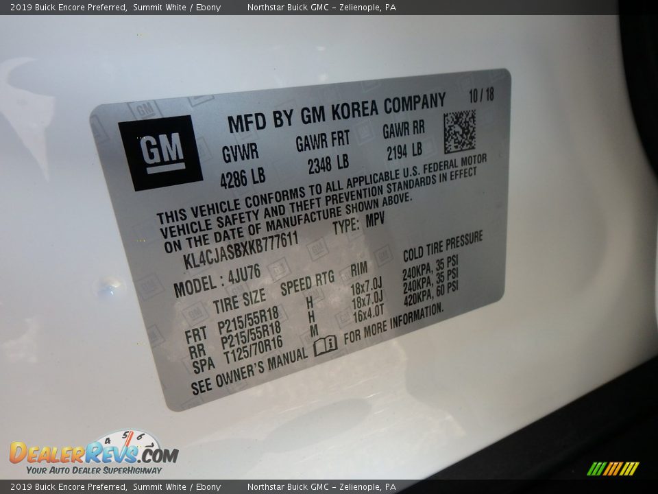2019 Buick Encore Preferred Summit White / Ebony Photo #16