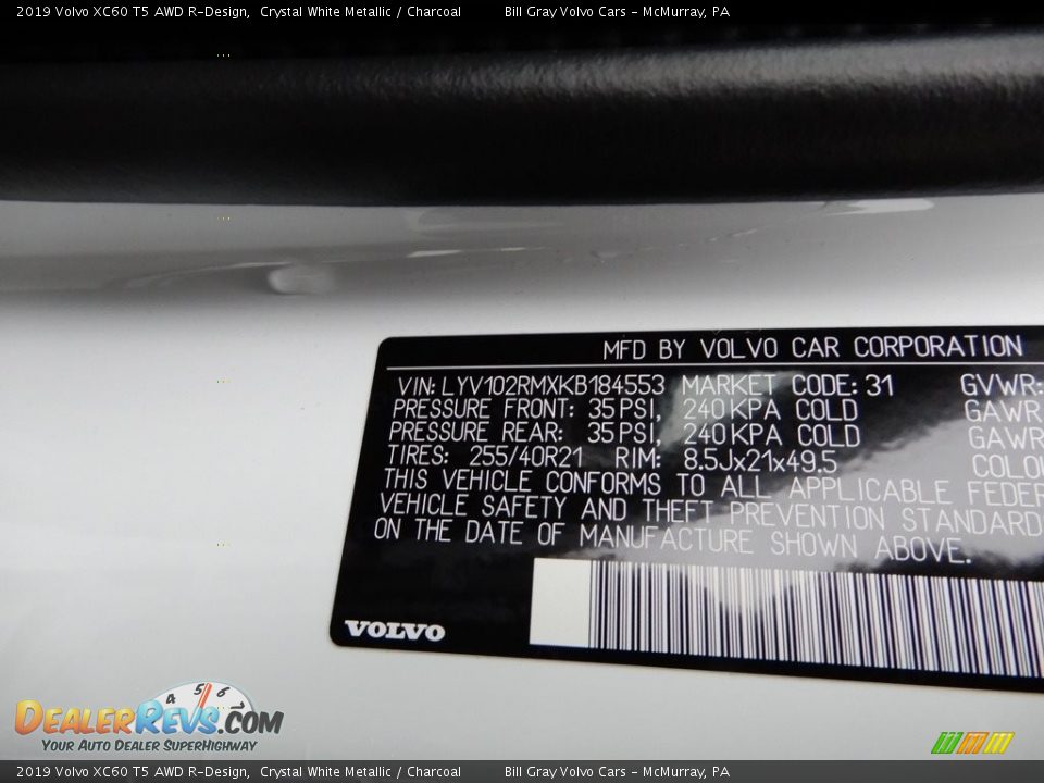 2019 Volvo XC60 T5 AWD R-Design Crystal White Metallic / Charcoal Photo #11