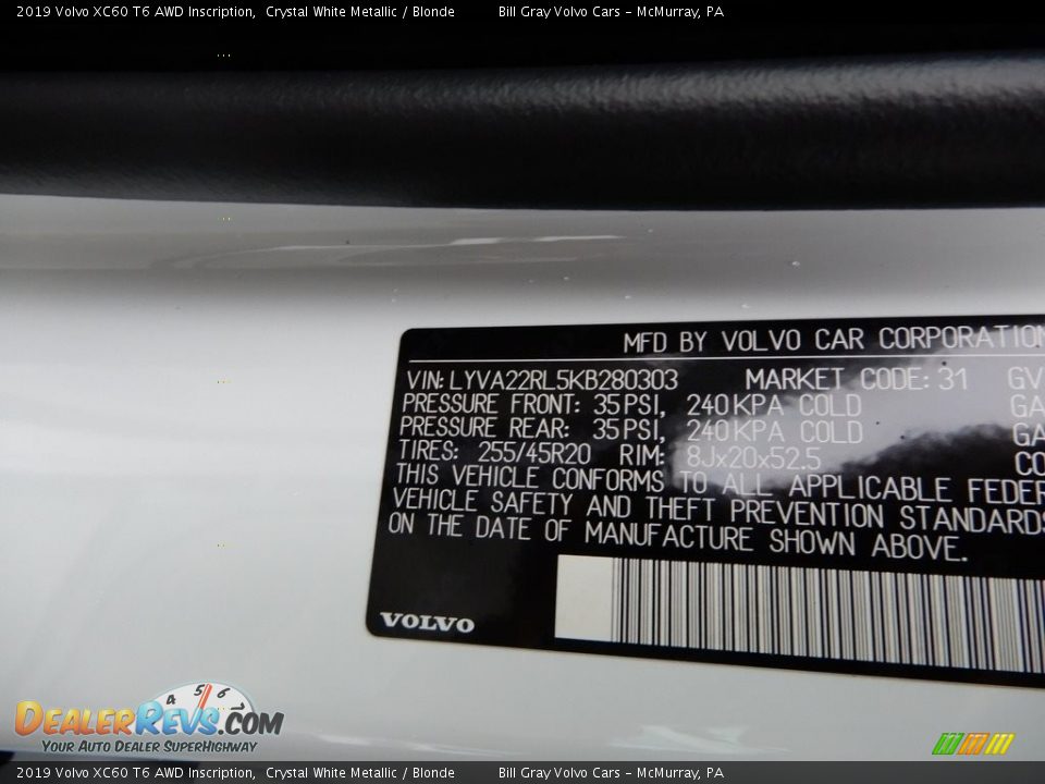 2019 Volvo XC60 T6 AWD Inscription Crystal White Metallic / Blonde Photo #11