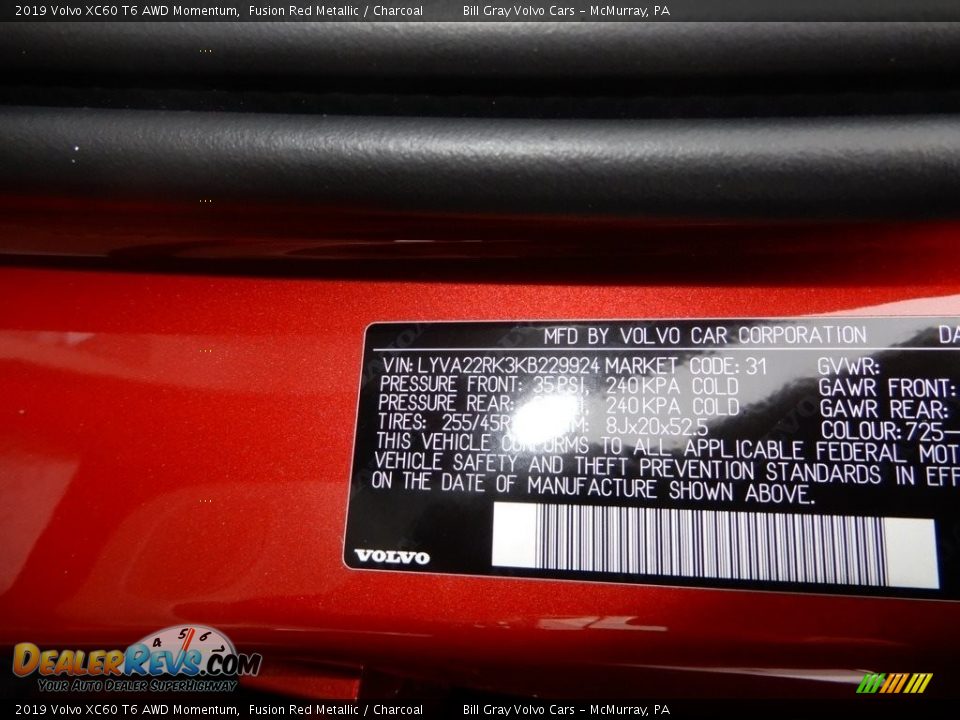 2019 Volvo XC60 T6 AWD Momentum Fusion Red Metallic / Charcoal Photo #11