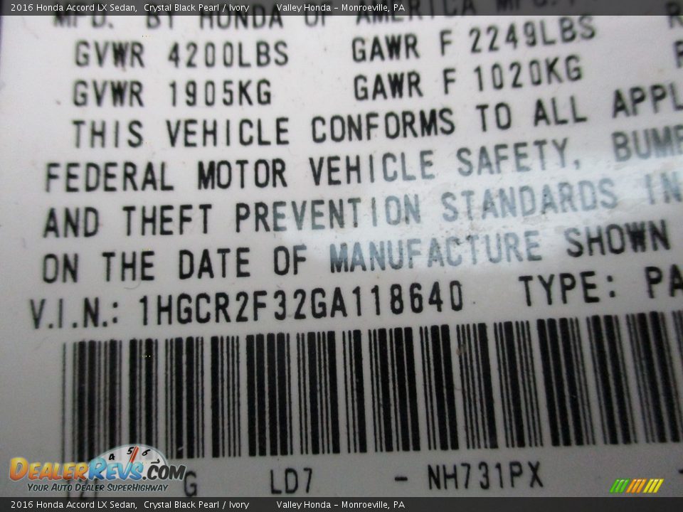 2016 Honda Accord LX Sedan Crystal Black Pearl / Ivory Photo #19