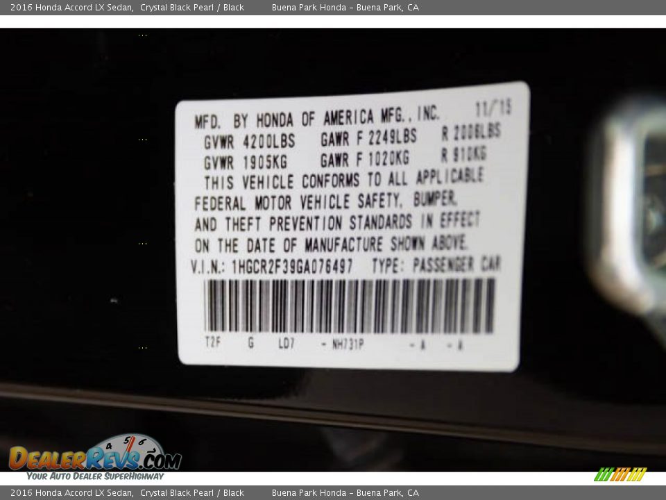 2016 Honda Accord LX Sedan Crystal Black Pearl / Black Photo #35