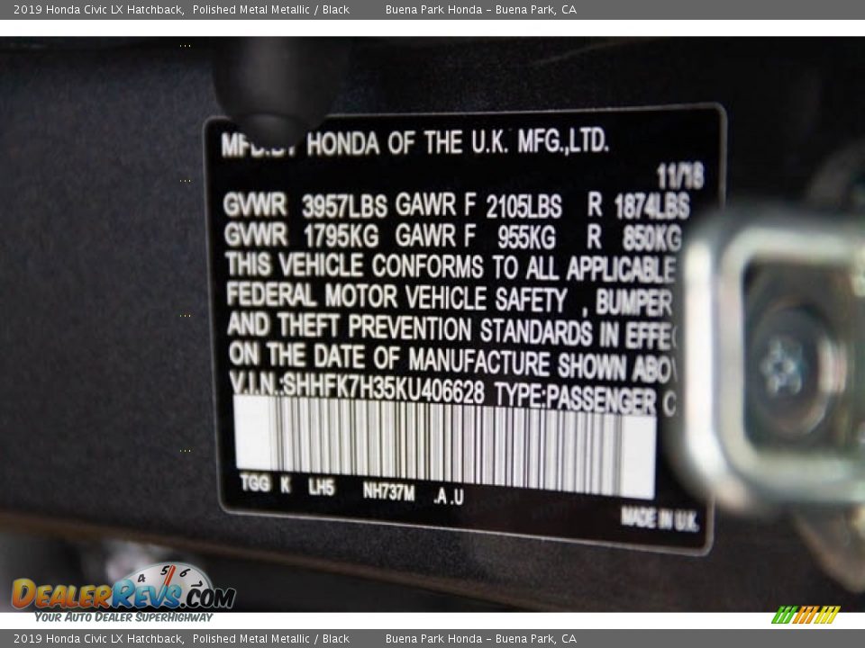 2019 Honda Civic LX Hatchback Polished Metal Metallic / Black Photo #15