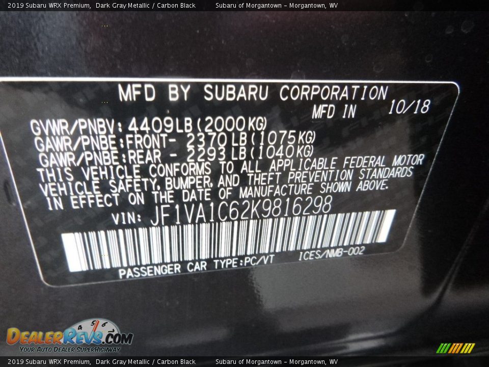 2019 Subaru WRX Premium Dark Gray Metallic / Carbon Black Photo #16