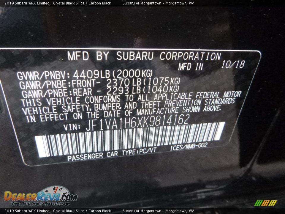 2019 Subaru WRX Limited Crystal Black Silica / Carbon Black Photo #16