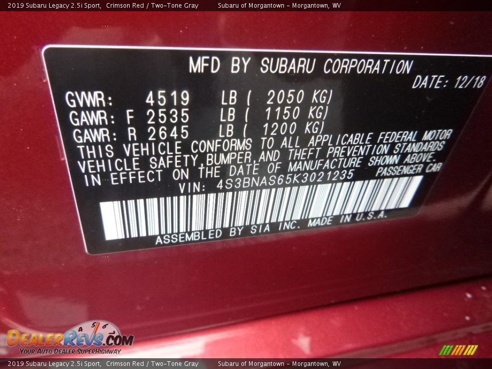 2019 Subaru Legacy 2.5i Sport Crimson Red / Two-Tone Gray Photo #16