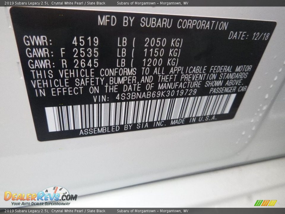 2019 Subaru Legacy 2.5i Crystal White Pearl / Slate Black Photo #15
