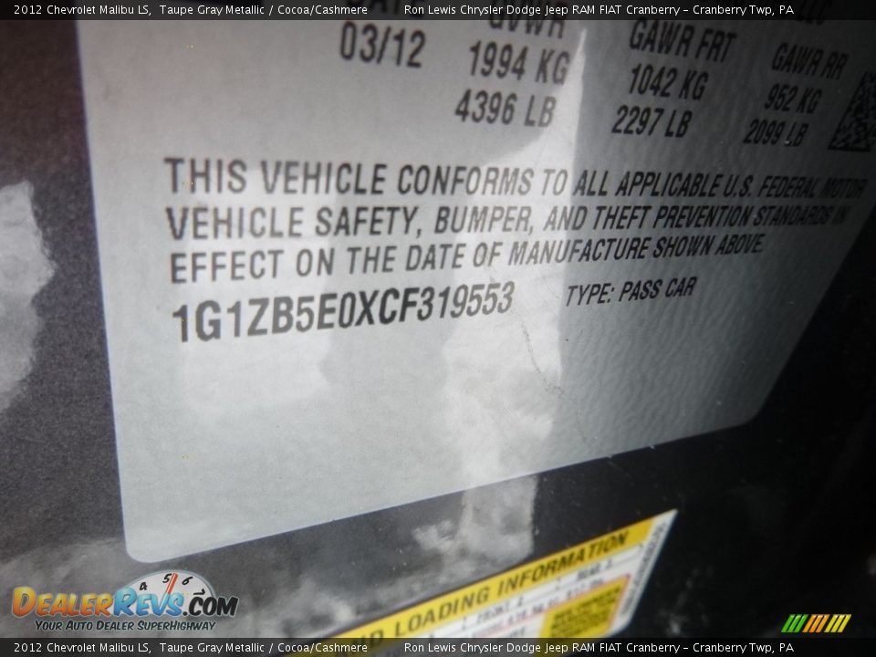 2012 Chevrolet Malibu LS Taupe Gray Metallic / Cocoa/Cashmere Photo #15
