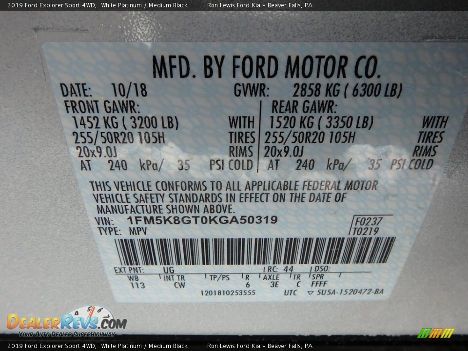 2019 Ford Explorer Sport 4WD White Platinum / Medium Black Photo #15