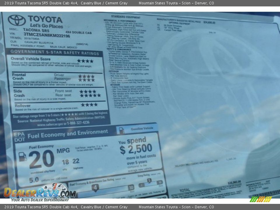 2019 Toyota Tacoma SR5 Double Cab 4x4 Cavalry Blue / Cement Gray Photo #36