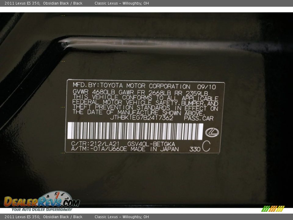 2011 Lexus ES 350 Obsidian Black / Black Photo #26