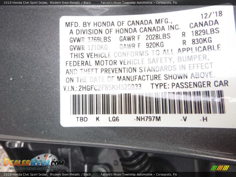 2019 Honda Civic Sport Sedan Modern Steel Metallic / Black Photo #12