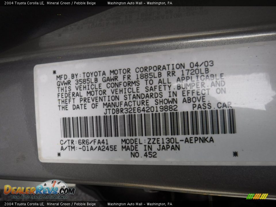 2004 Toyota Corolla LE Mineral Green / Pebble Beige Photo #21