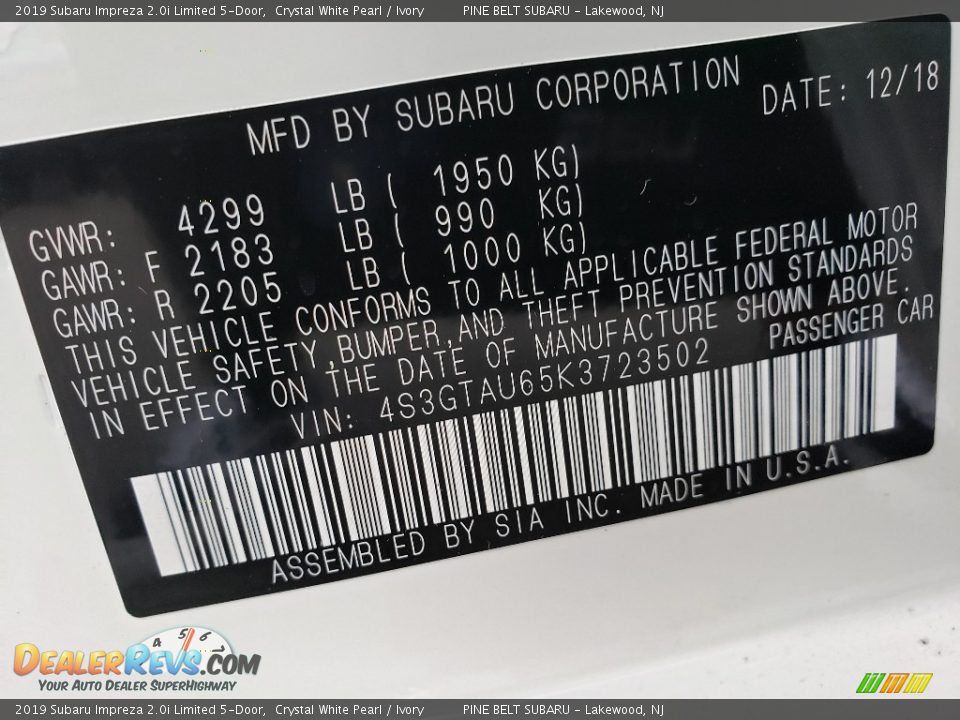 2019 Subaru Impreza 2.0i Limited 5-Door Crystal White Pearl / Ivory Photo #9