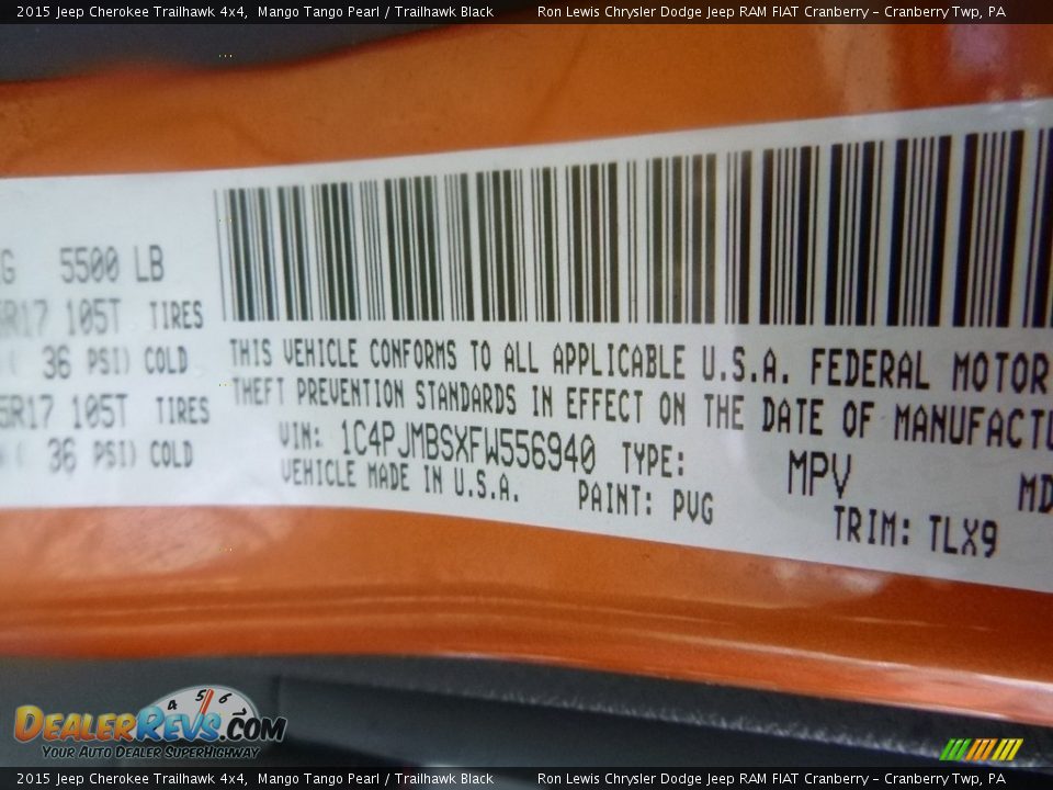 2015 Jeep Cherokee Trailhawk 4x4 Mango Tango Pearl / Trailhawk Black Photo #14