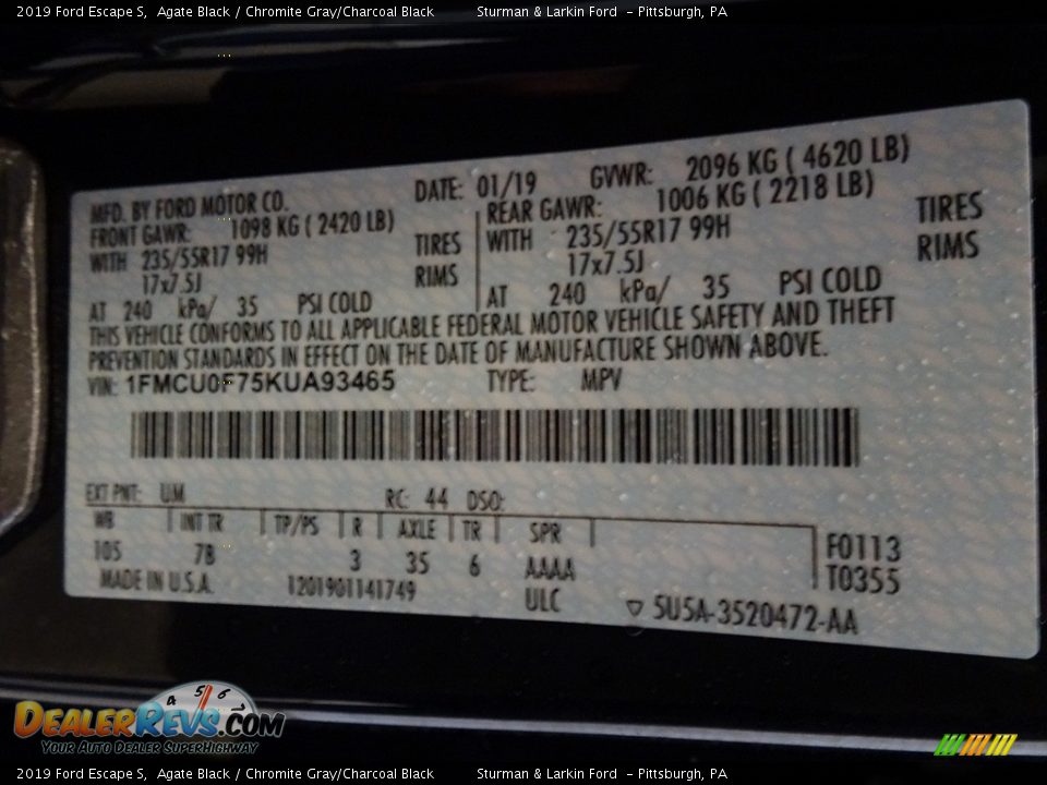 2019 Ford Escape S Agate Black / Chromite Gray/Charcoal Black Photo #10