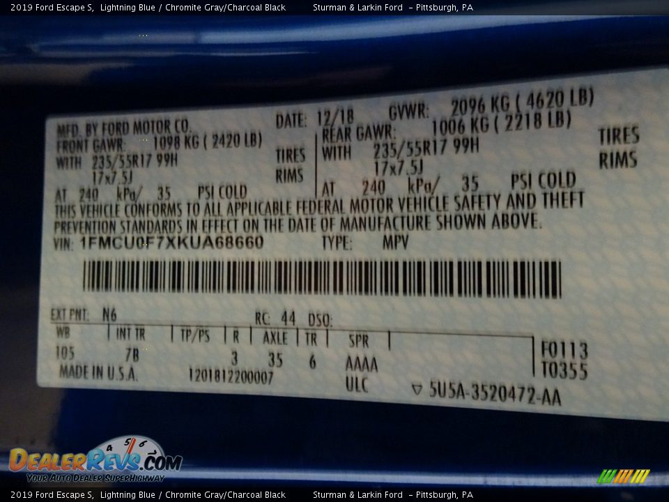 2019 Ford Escape S Lightning Blue / Chromite Gray/Charcoal Black Photo #10