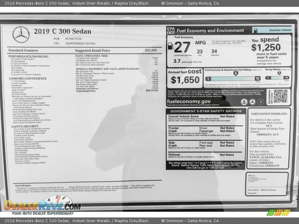 2019 Mercedes-Benz C 300 Sedan Window Sticker Photo #10