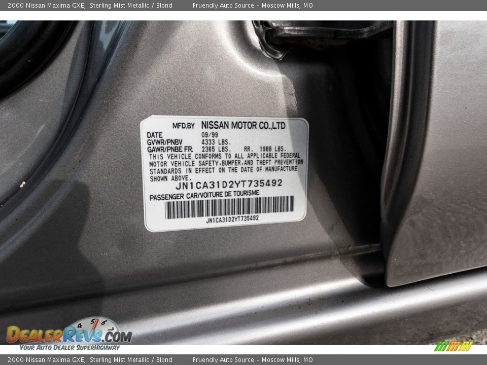 2000 Nissan Maxima GXE Sterling Mist Metallic / Blond Photo #36