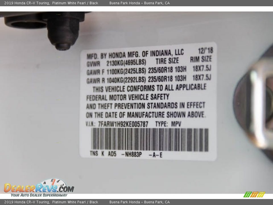 2019 Honda CR-V Touring Platinum White Pearl / Black Photo #18