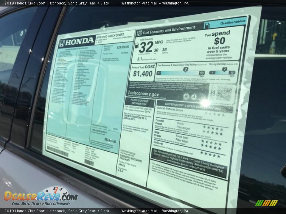 2019 Honda Civic Sport Hatchback Sonic Gray Pearl / Black Photo #9