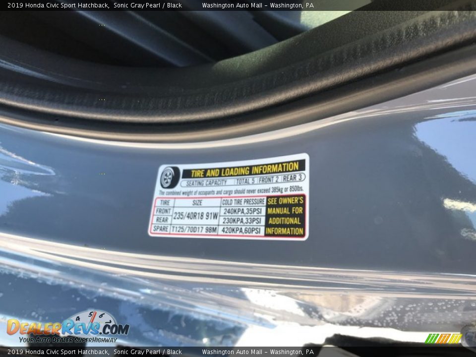 2019 Honda Civic Sport Hatchback Sonic Gray Pearl / Black Photo #11