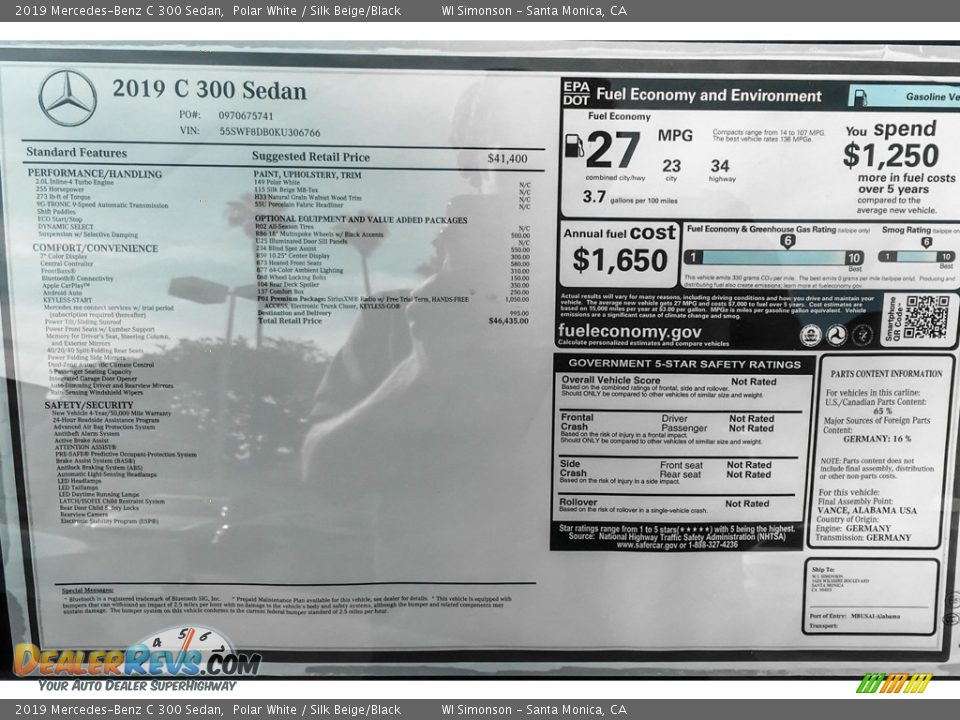 2019 Mercedes-Benz C 300 Sedan Polar White / Silk Beige/Black Photo #10