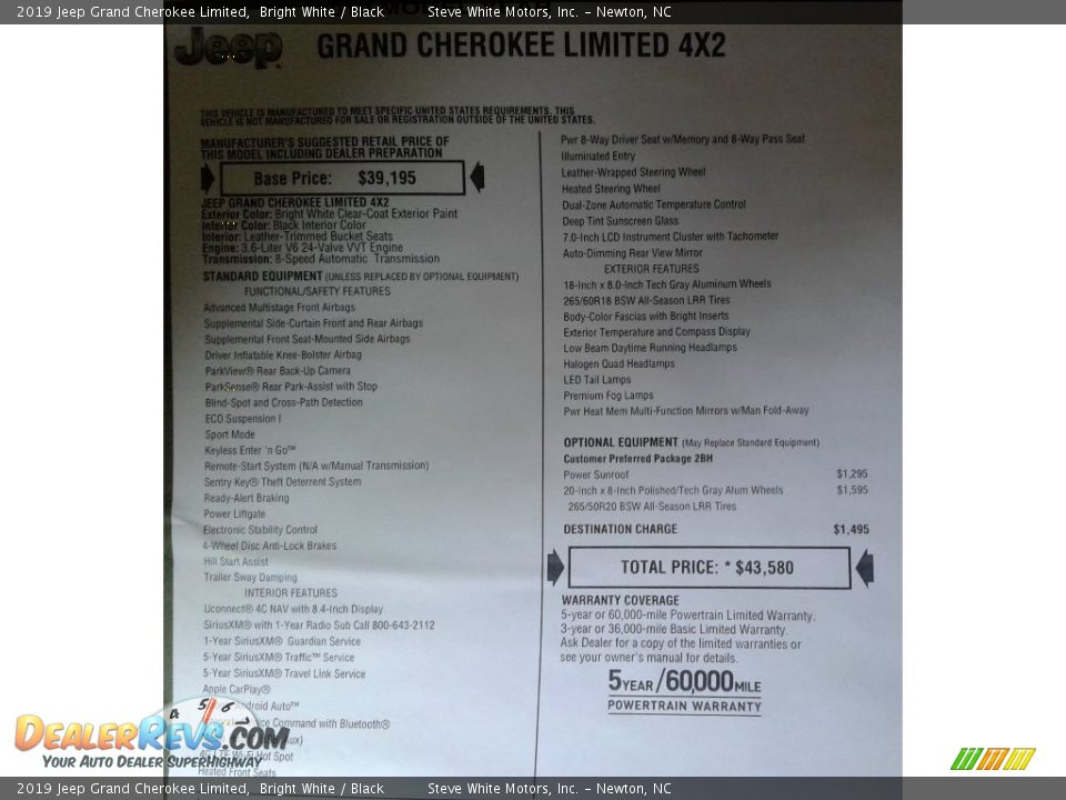 2019 Jeep Grand Cherokee Limited Bright White / Black Photo #36