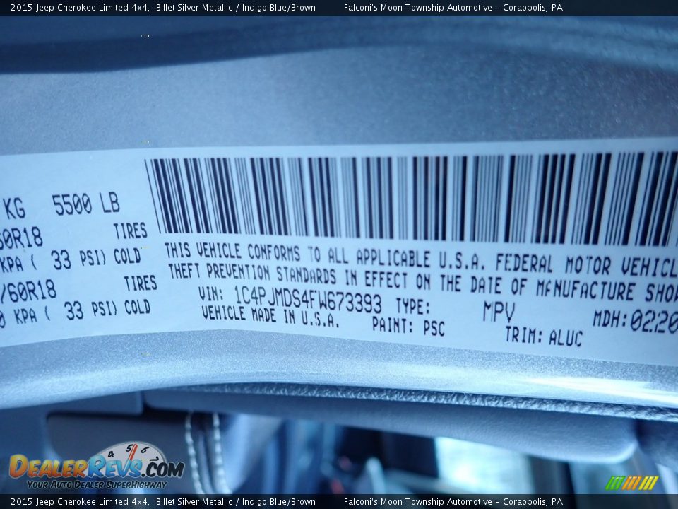 2015 Jeep Cherokee Limited 4x4 Billet Silver Metallic / Indigo Blue/Brown Photo #23