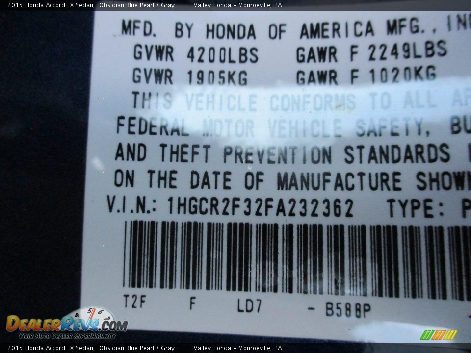2015 Honda Accord LX Sedan Obsidian Blue Pearl / Gray Photo #19