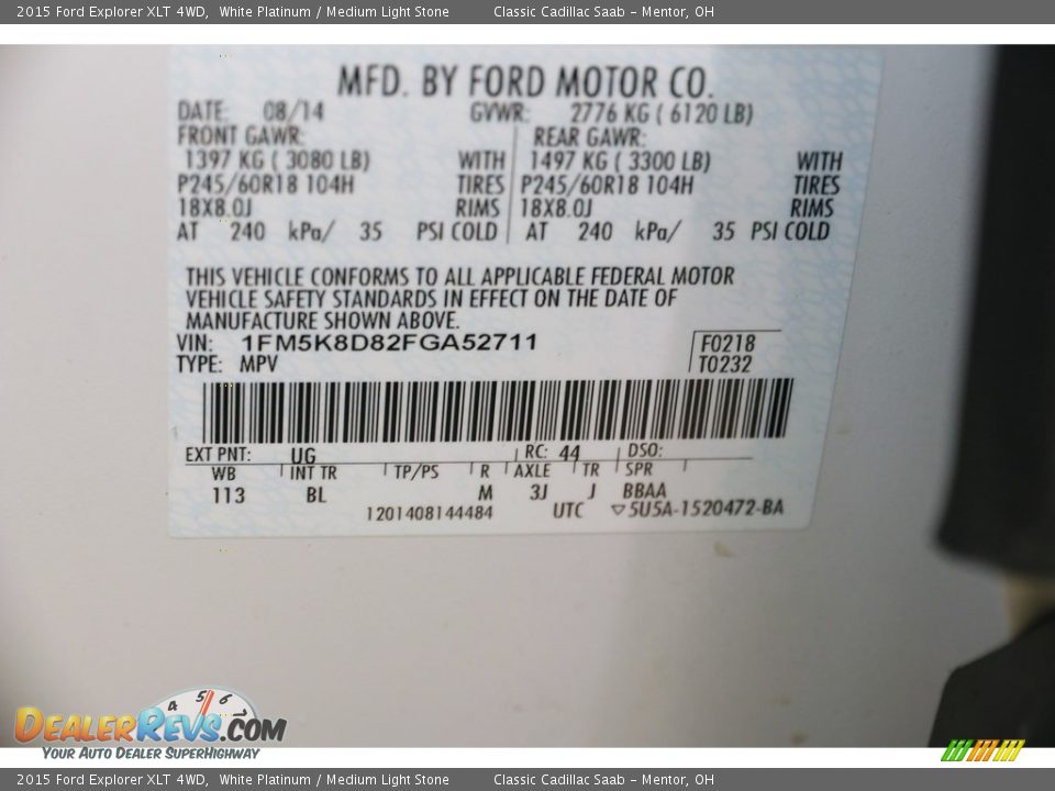2015 Ford Explorer XLT 4WD White Platinum / Medium Light Stone Photo #23
