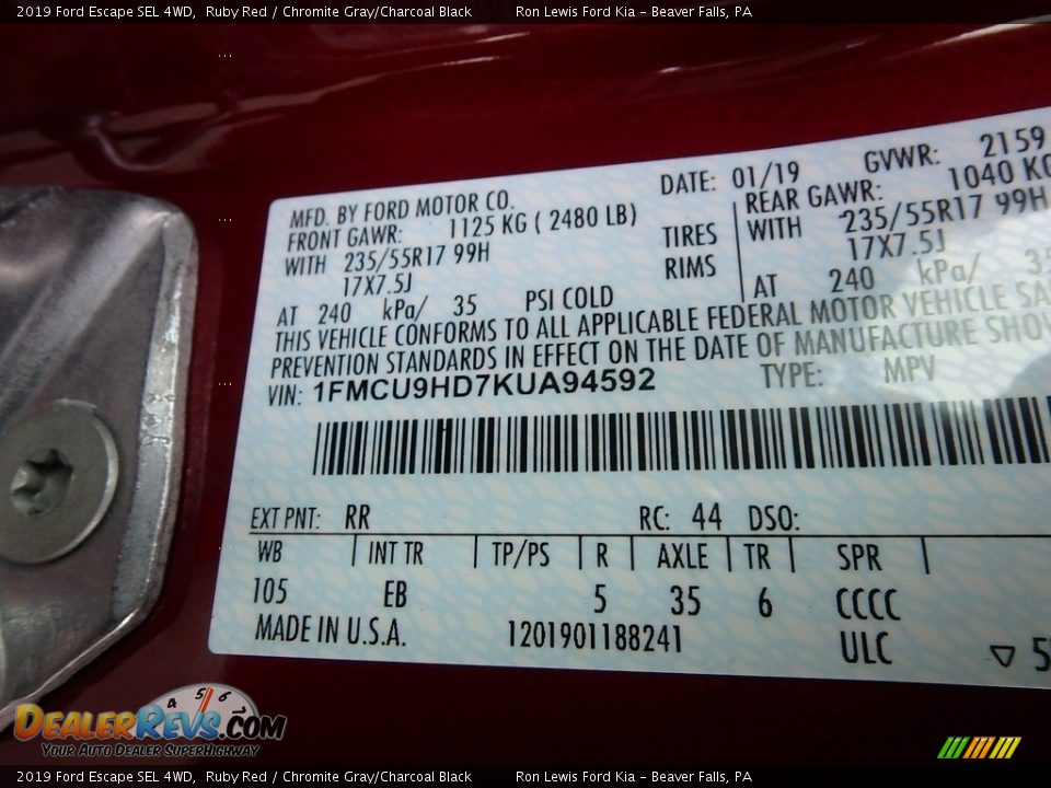 2019 Ford Escape SEL 4WD Ruby Red / Chromite Gray/Charcoal Black Photo #15