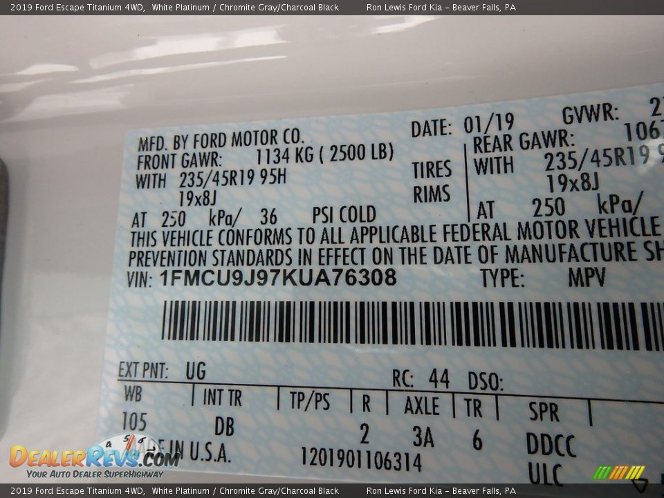 2019 Ford Escape Titanium 4WD White Platinum / Chromite Gray/Charcoal Black Photo #16