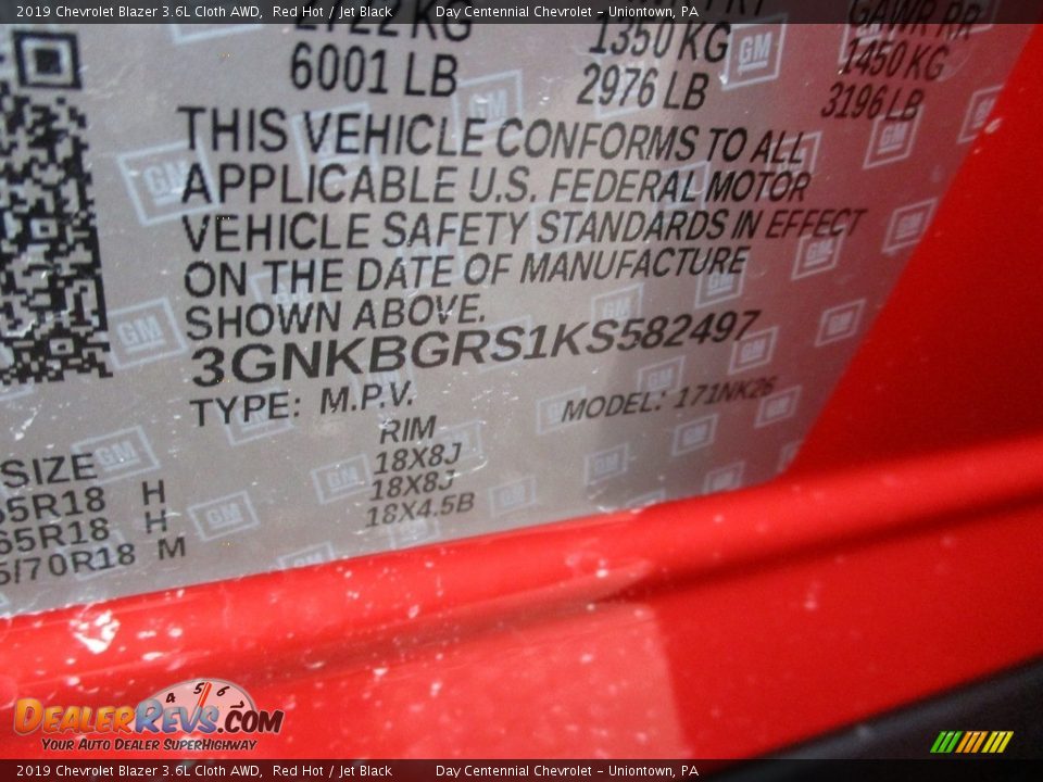 2019 Chevrolet Blazer 3.6L Cloth AWD Red Hot / Jet Black Photo #20