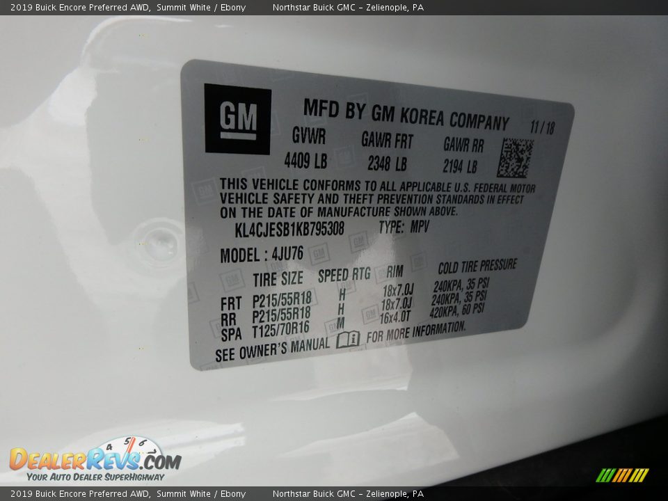 2019 Buick Encore Preferred AWD Summit White / Ebony Photo #16