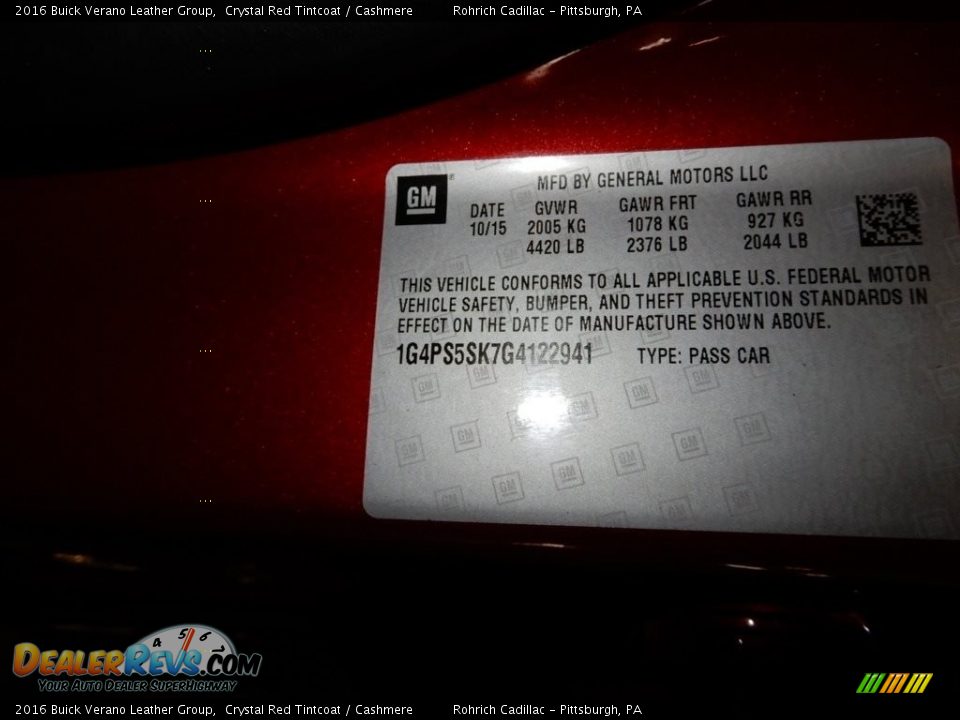 2016 Buick Verano Leather Group Crystal Red Tintcoat / Cashmere Photo #17