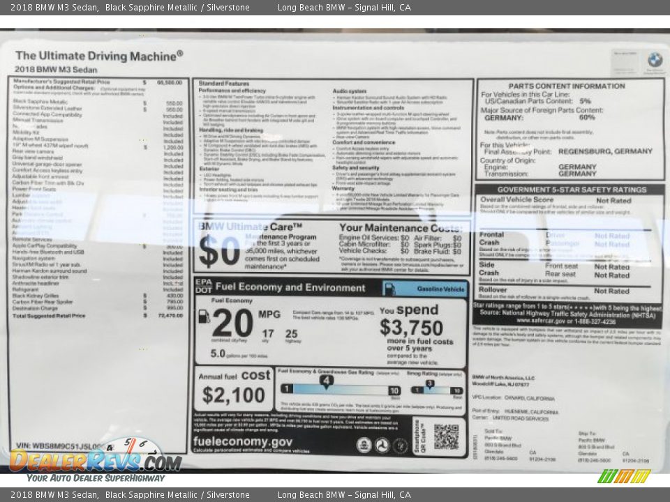 2018 BMW M3 Sedan Black Sapphire Metallic / Silverstone Photo #10