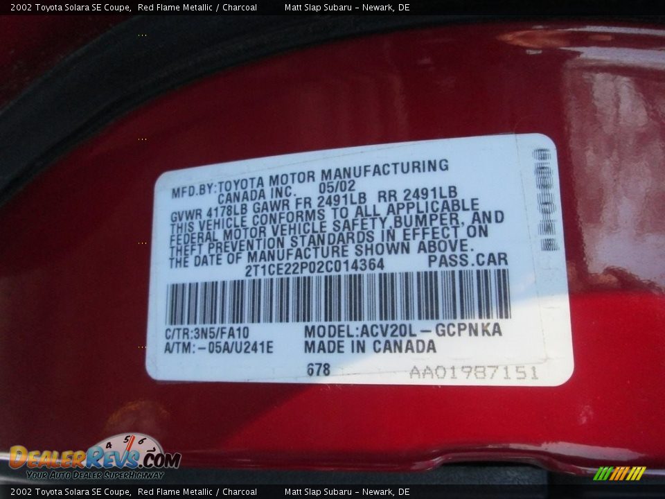 2002 Toyota Solara SE Coupe Red Flame Metallic / Charcoal Photo #23